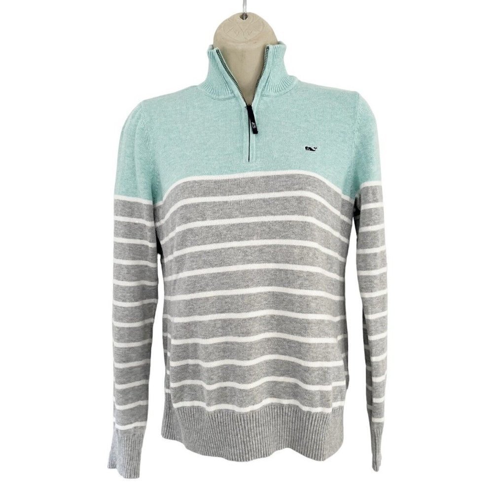 Vineyard Vines Womens Sz XS 1/4 Zip Mint Green Gray Stripe Knit Sweater